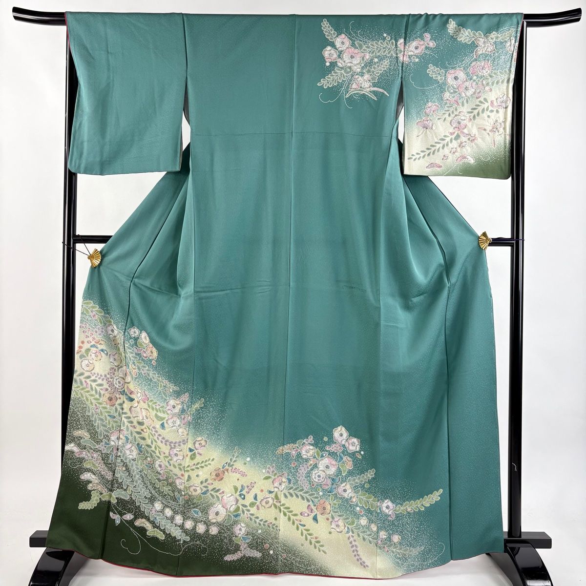 訪問着 身丈165.5cm 裄丈66cm M 袷 辻が花柄 松 金銀彩 ぼかし 緑 正絹