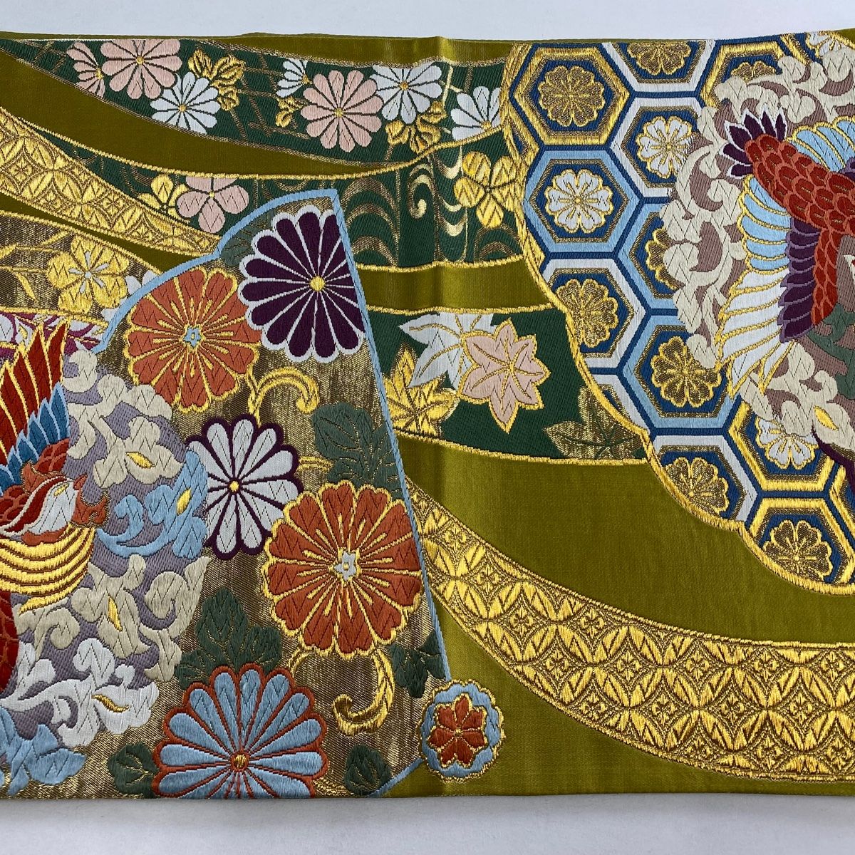 袋帯 秀品 花鳥 扇 箔 金糸 鶯色 六通 正絹 【中古】 - メルカリ