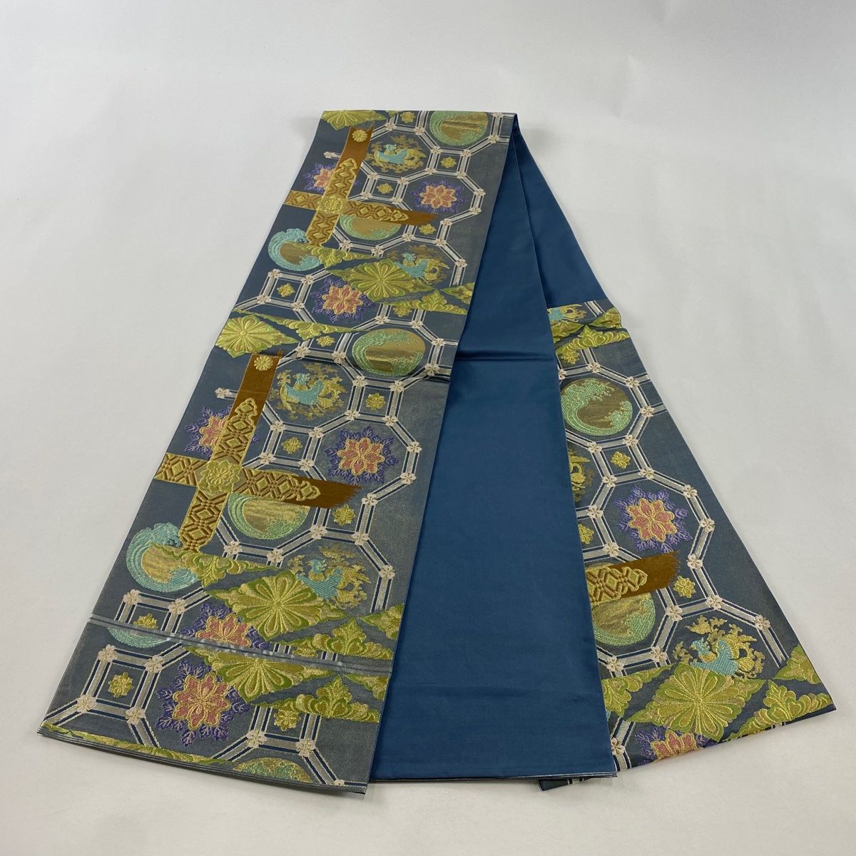 美品】 袋帯 秀品 川島織物 落款 関西仕立て 華文 鳥 金銀糸金 箔 青