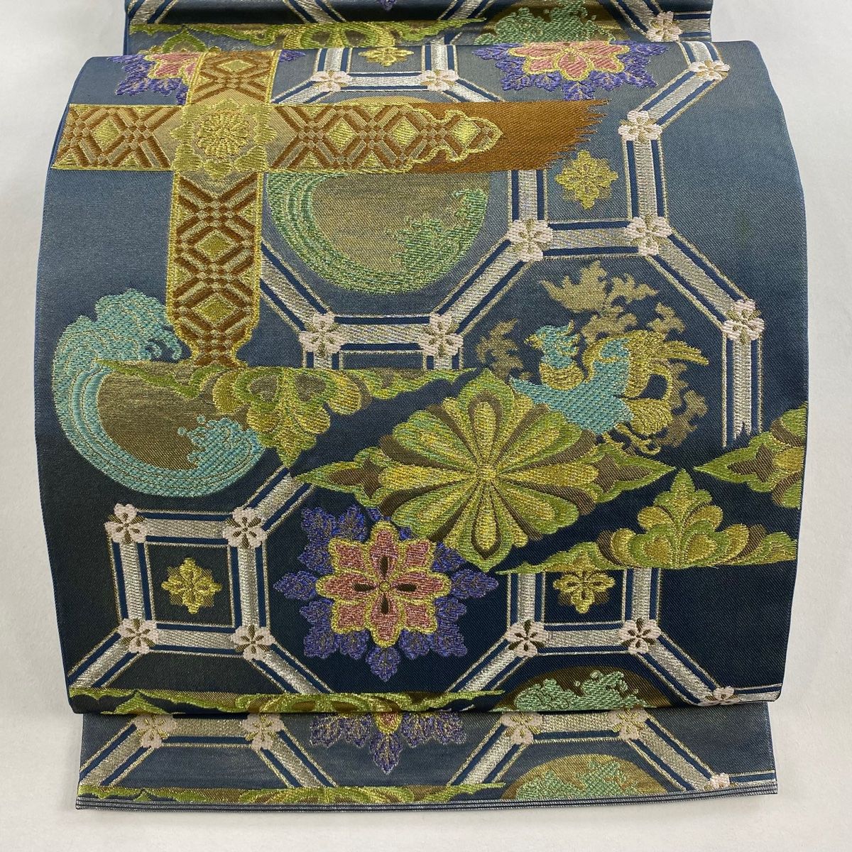 ◇503my41◇川島織物 絽 夏帯 秋草文 金銀糸 六通 袋帯◇美品 袋帯 名品 川島織物 落款 本袋 向鳥 毘沙門亀甲 金銀糸 箔 薄黄土色 六