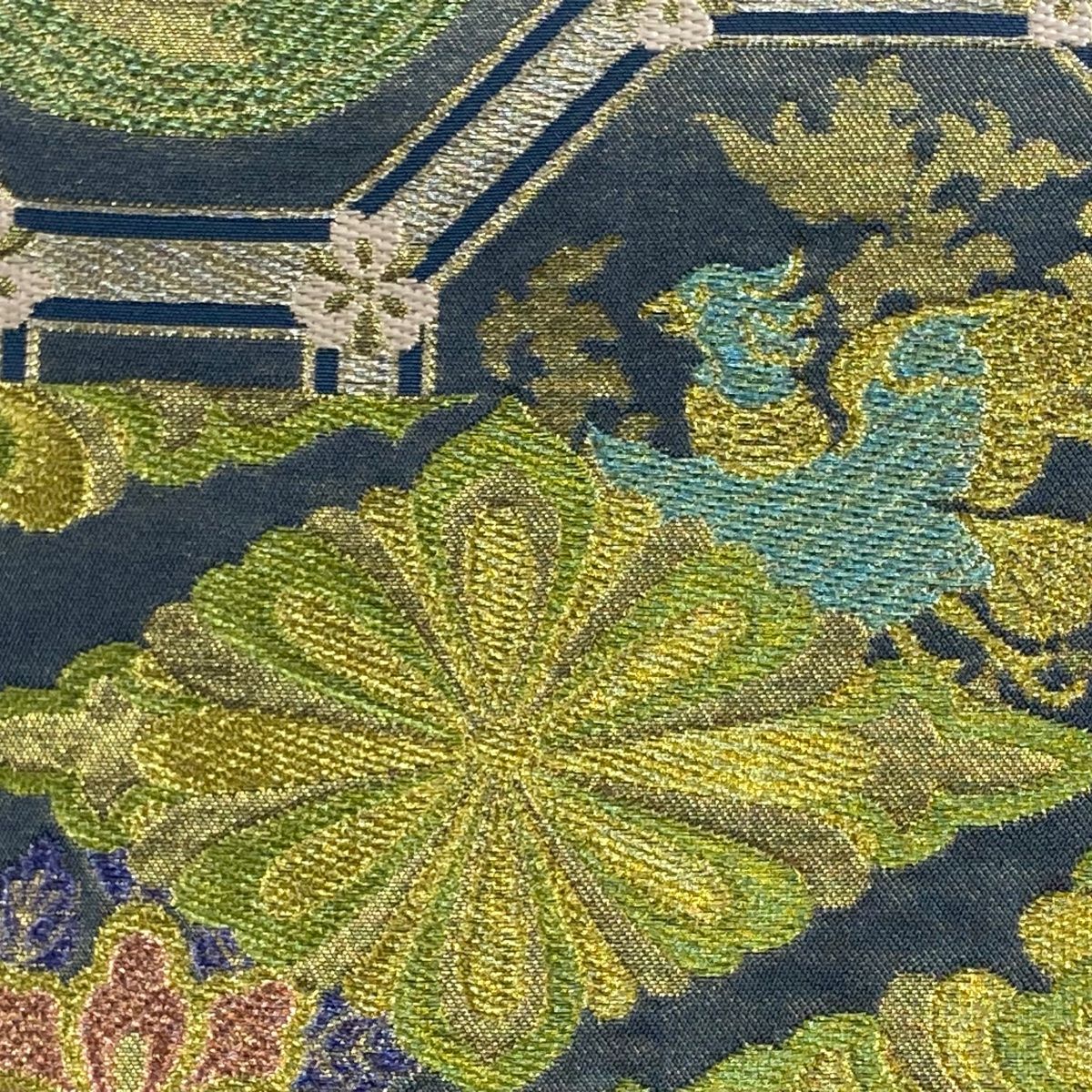 袋帯 落款 たかしま帯 葉柄 萩 金銀糸 箔 灰紫 六通 正絹 袋帯 美品 秀品 萩横段菊文 波 金糸 箔 灰緑 六通 正絹 中古