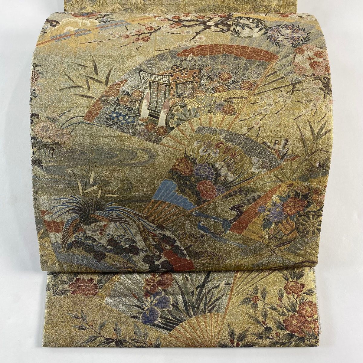丸帯 名品 プラチナ本金箔壱阡八百口織 桃山扇面屏風文 扇 御所車 金糸