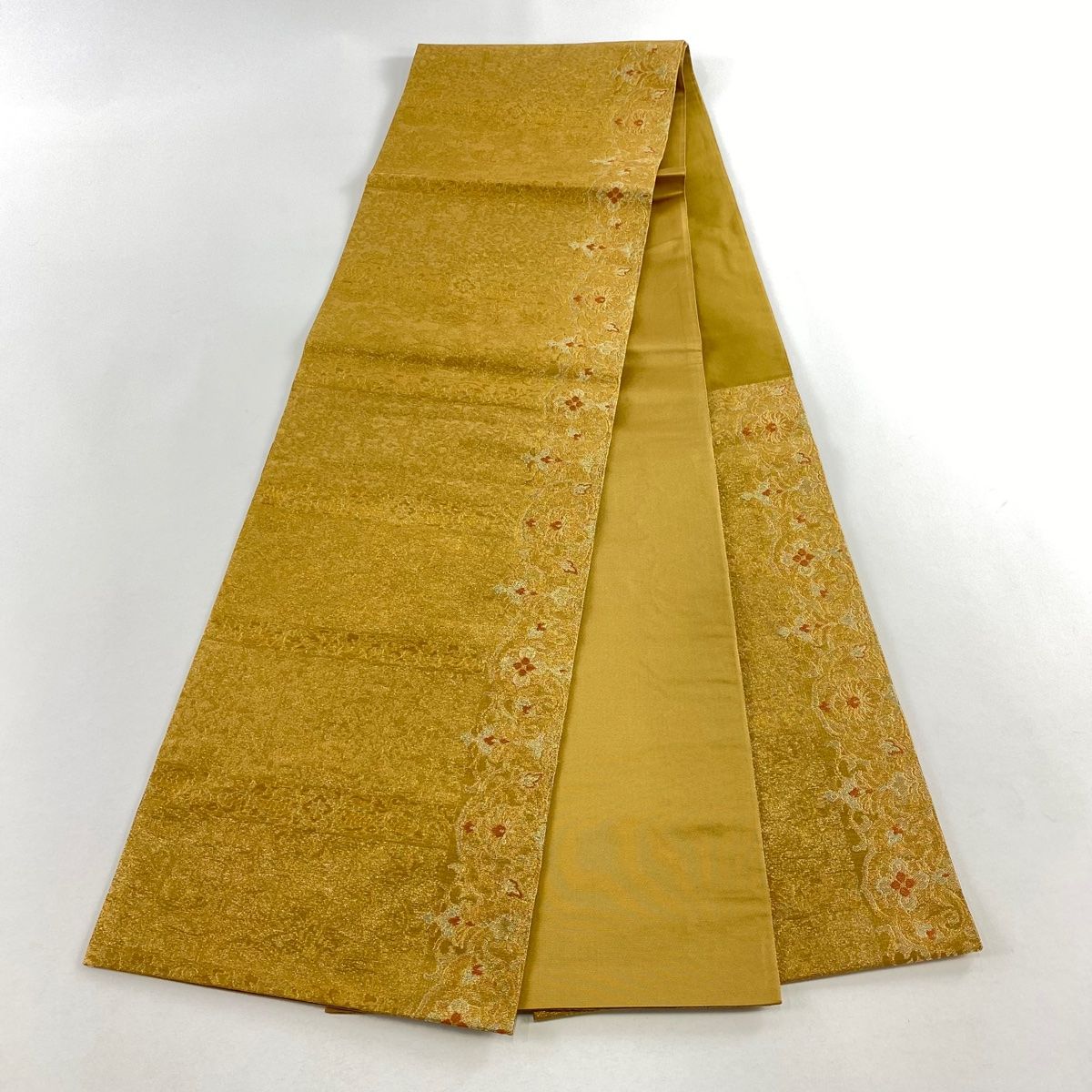 美品】 袋帯 名品 じゅらく 落款 花唐草 金糸 箔 黄土色 六通 正絹