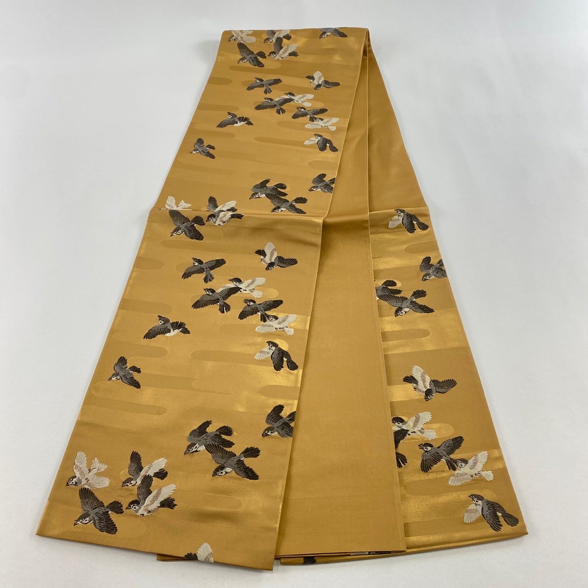 袋帯 名品 花井幸子 落款 雀 霞 箔 刺繍 茶色 六通 正絹 【中古