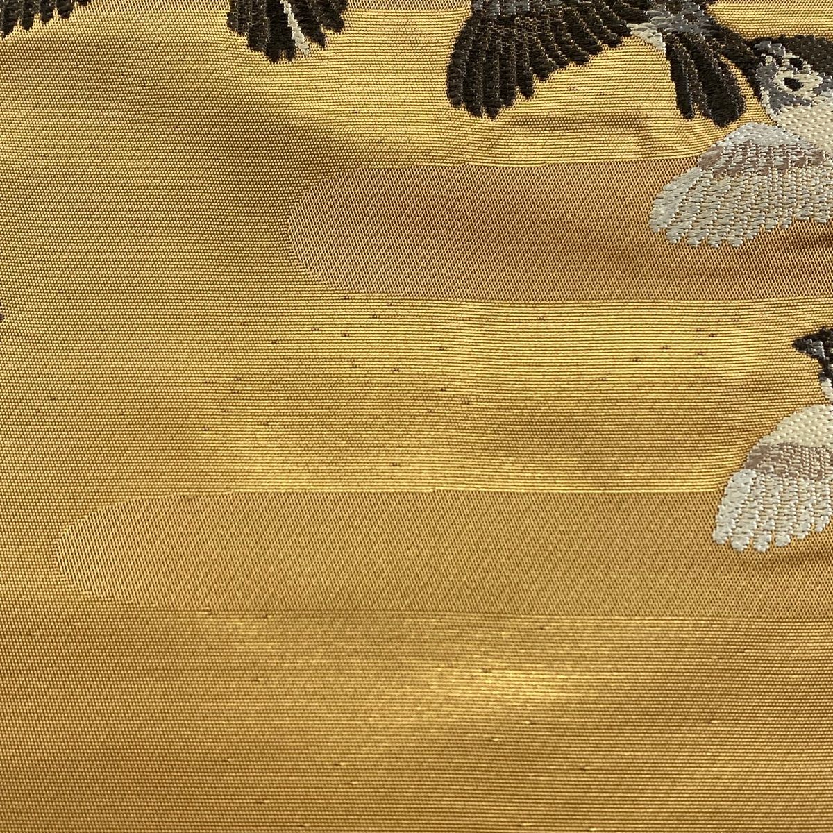 袋帯 名品 花井幸子 落款 雀 霞 箔 刺繍 茶色 六通 正絹 【中古