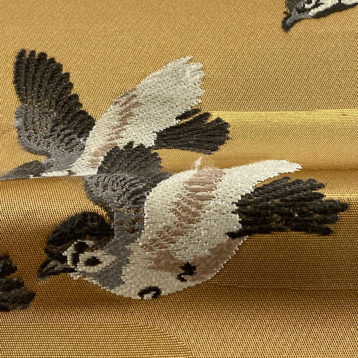 袋帯 名品 花井幸子 落款 雀 霞 箔 刺繍 茶色 六通 正絹 【中古