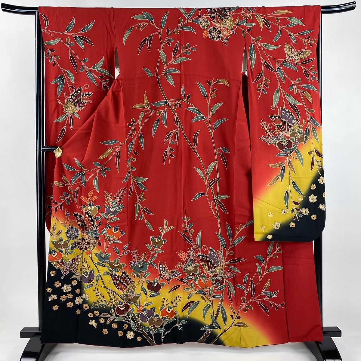 振袖 身丈162cm 裄丈64.5cm M 袷 蝶 枝花 染め分け ぼかし 赤 正絹