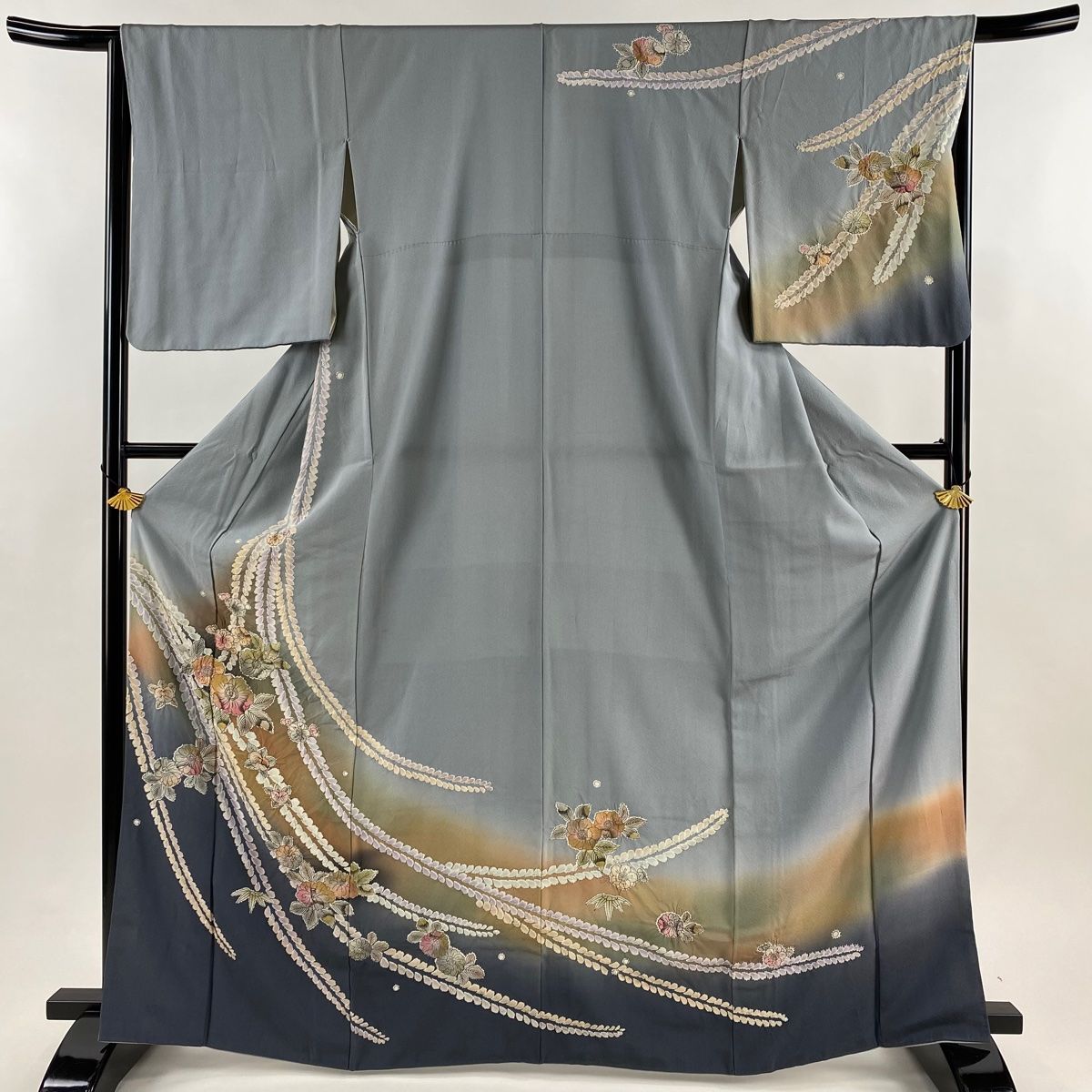 訪問着 身丈167cm 裄丈64.5cm M 袷 辻が花 金彩 ぼかし 青灰色 正絹