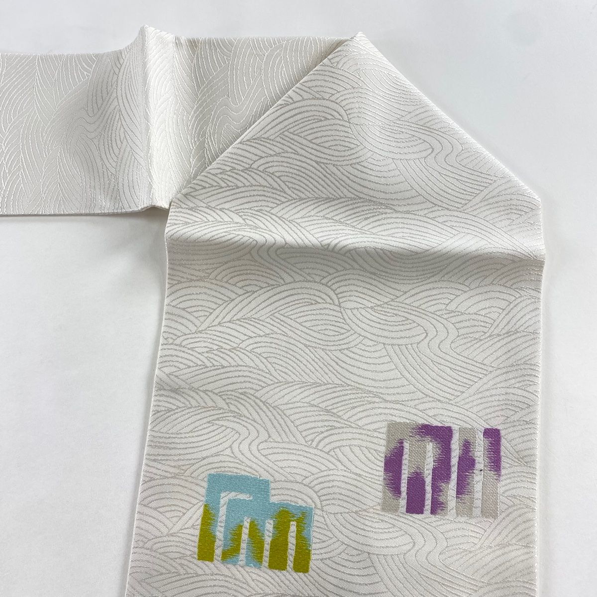 平和屋着物○九寸名古屋帯 紬地 型染め 人物風景飛鶴草花文 正絹 逸品