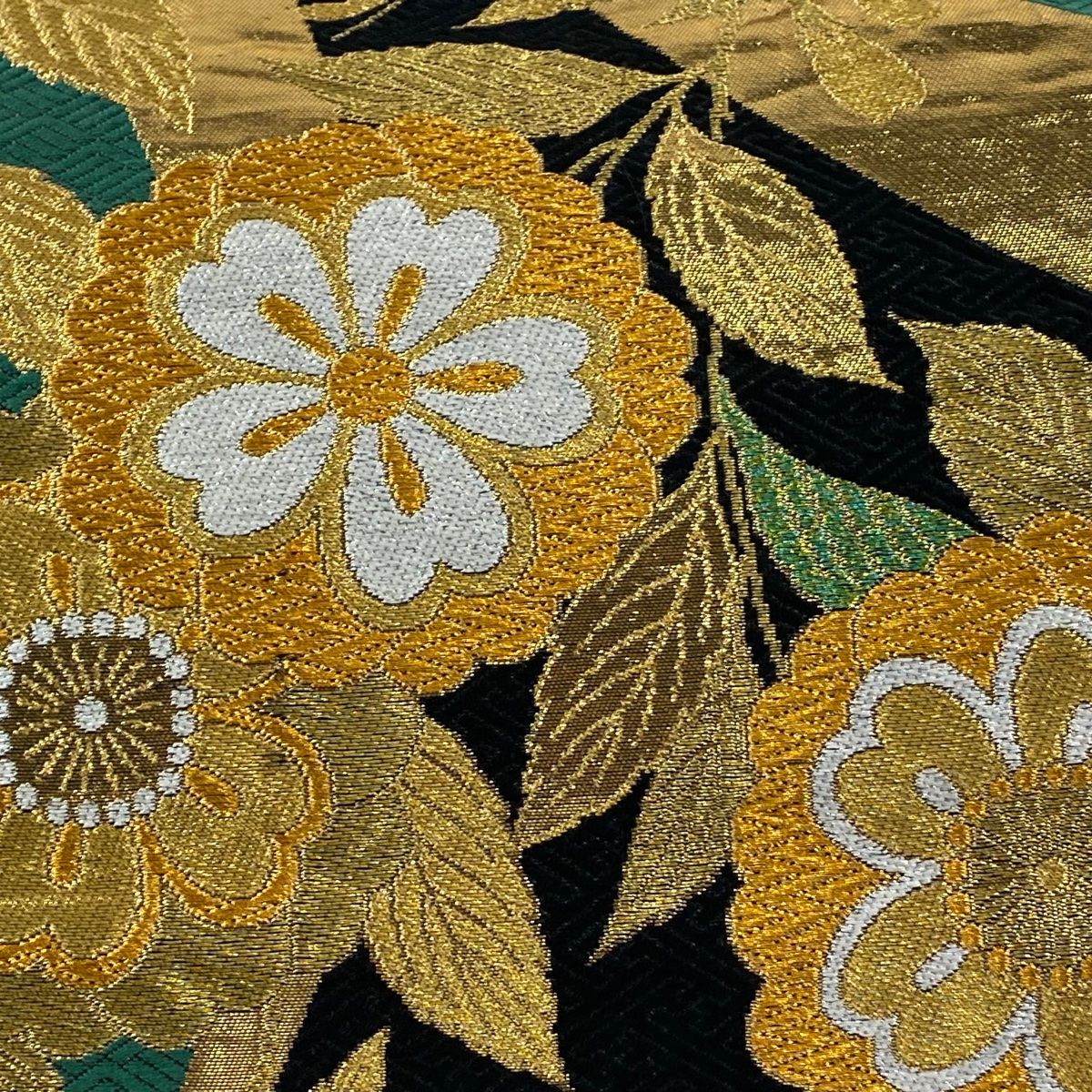 袋帯 秀品 草花 幾何学模様 金糸 刺繍 緑 六通 正絹 【中古】 - メルカリ