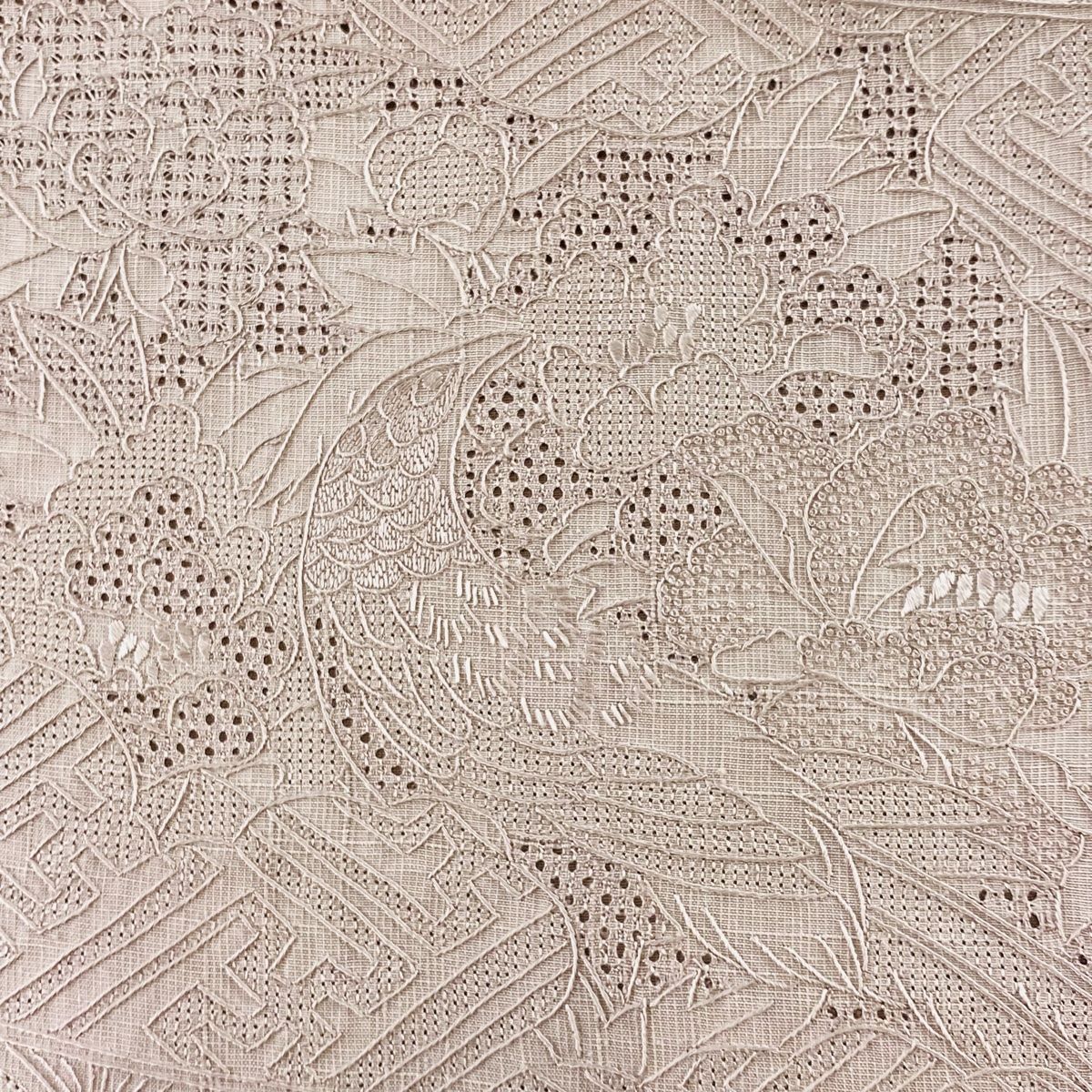 袋帯 秀品 紬地 花鳥 有職文様 汕頭刺繍 ピンクベージュ お太鼓柄 正絹