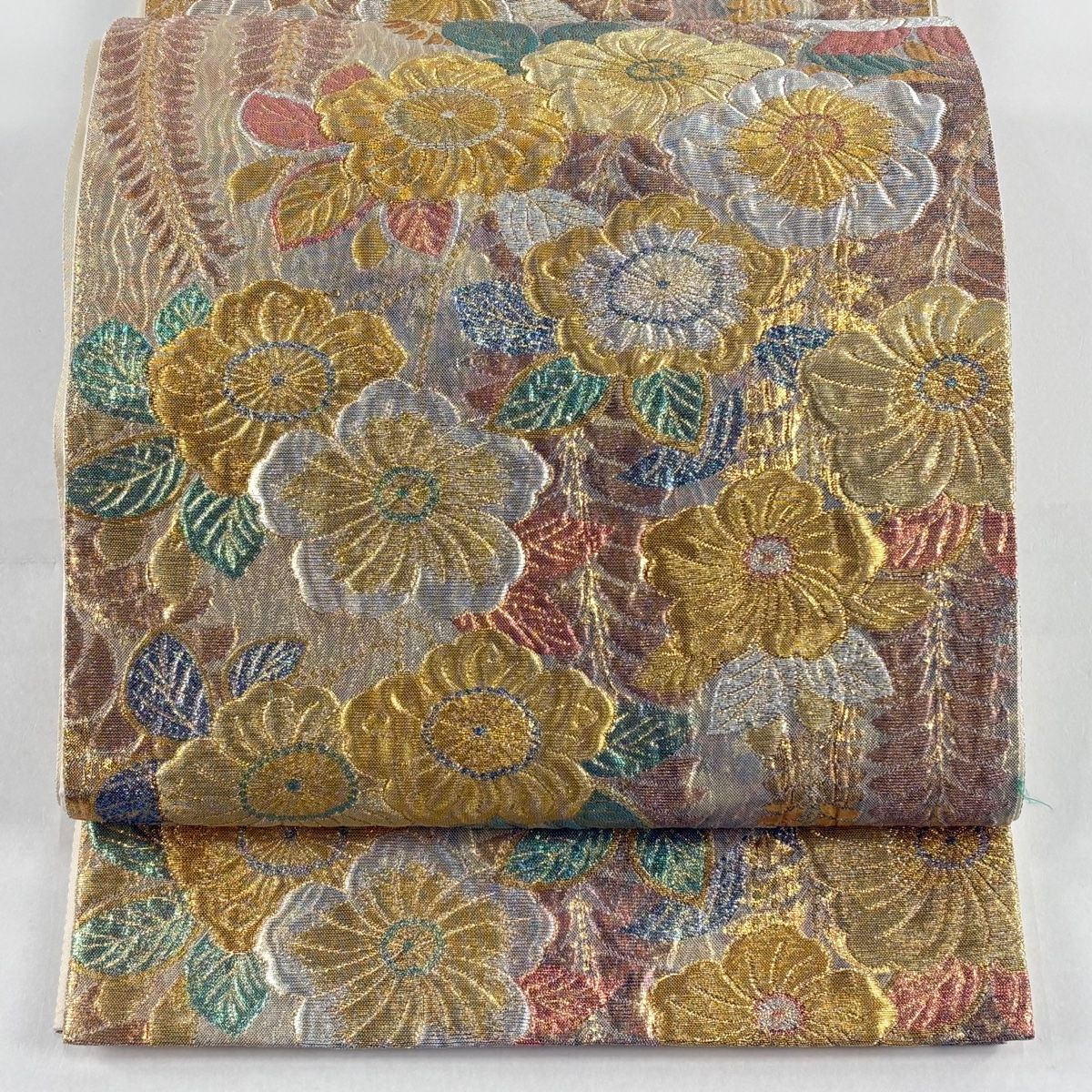 美品】 袋帯 秀品 辻が花柄 藤 金銀糸 箔 サーモンピンク 六通 正絹