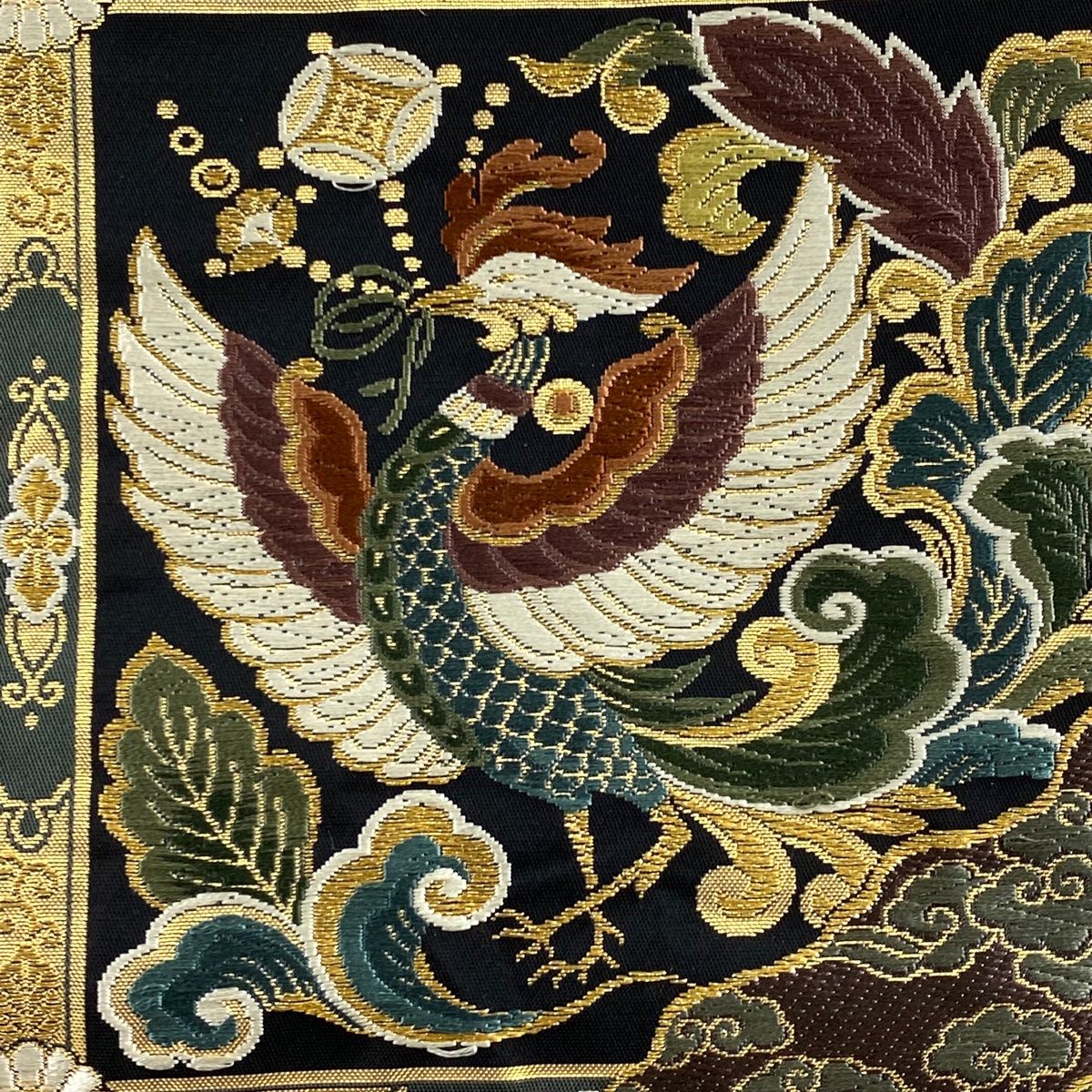 美品】 袋帯 秀品 格天有職鳳凰華文 花唐草 金糸 箔 黒 六通 正絹