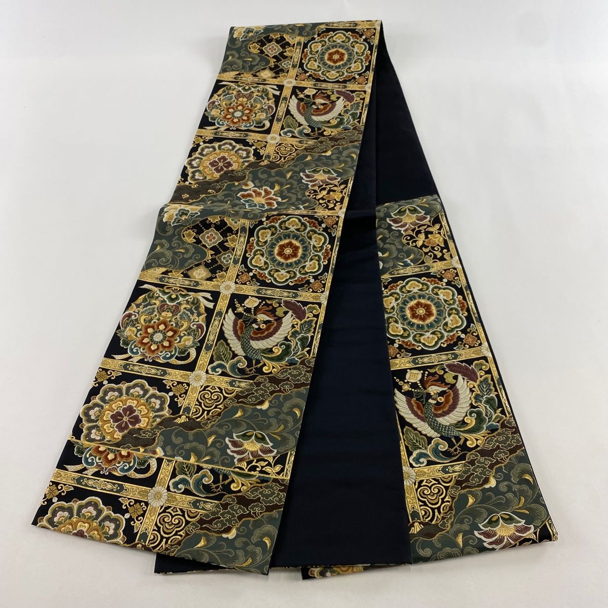 ［4892］袋帯 唐織 鳳凰草花文様 金銀糸 六通 正絹 着物 黒 フォーマル 4892］袋帯 唐織 鳳凰草花文様 金銀糸 六通 正絹 着物 黒 フォーマル