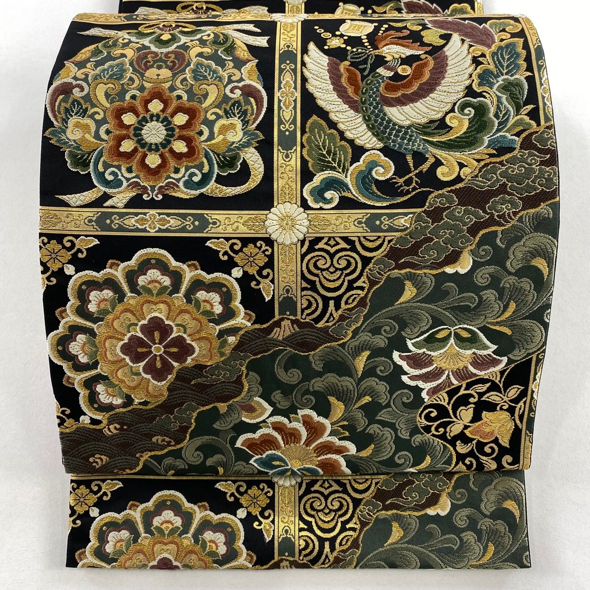 ［4892］袋帯 唐織 鳳凰草花文様 金銀糸 六通 正絹 着物 黒 フォーマル 4892］袋帯 唐織 鳳凰草花文様 金銀糸 六通 正絹 着物 黒 フォーマル