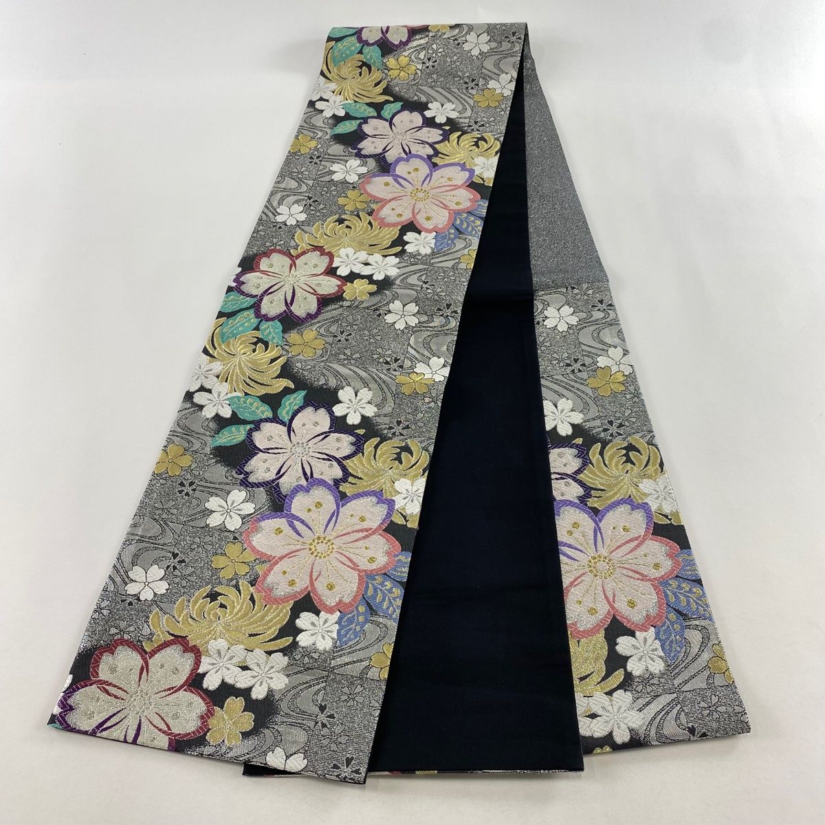 夏の袋帯 羅織 六通 引箔調 間道文様 金銀糸 正絹 美品