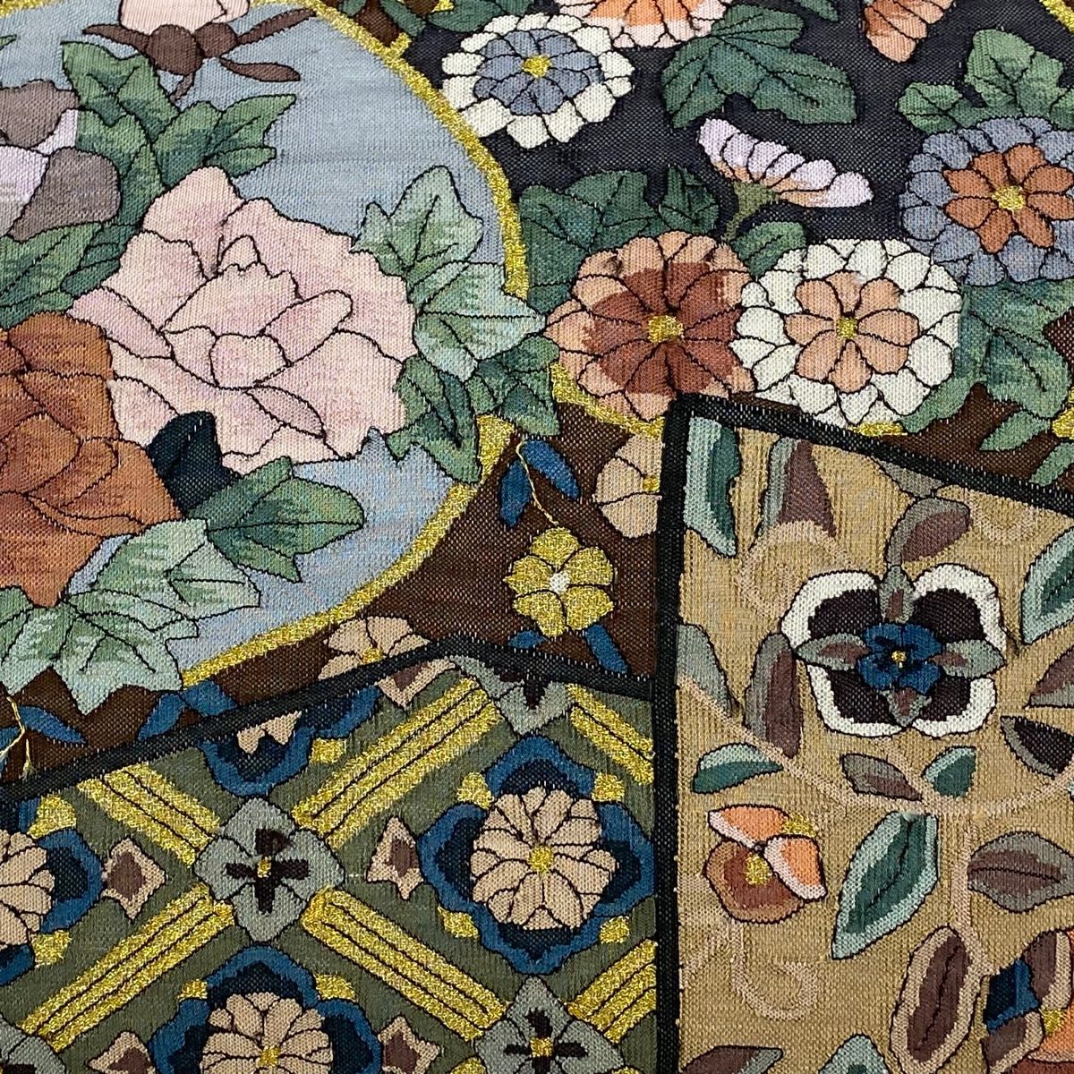 美品】 袋帯 逸品 屏風 草花 金糸 綴れ 青灰色 お太鼓柄 正絹 【中古