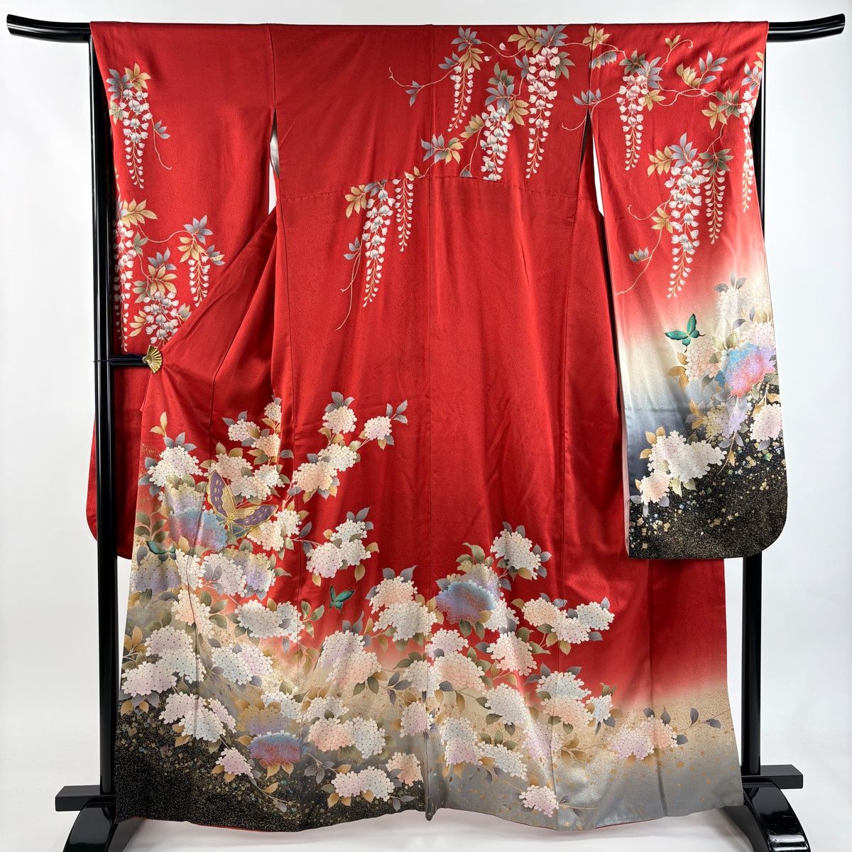 振袖 身丈163.5cm 裄丈66.5cm M 袷 紫陽花 蝶 金彩 金通し 赤 正絹 秀