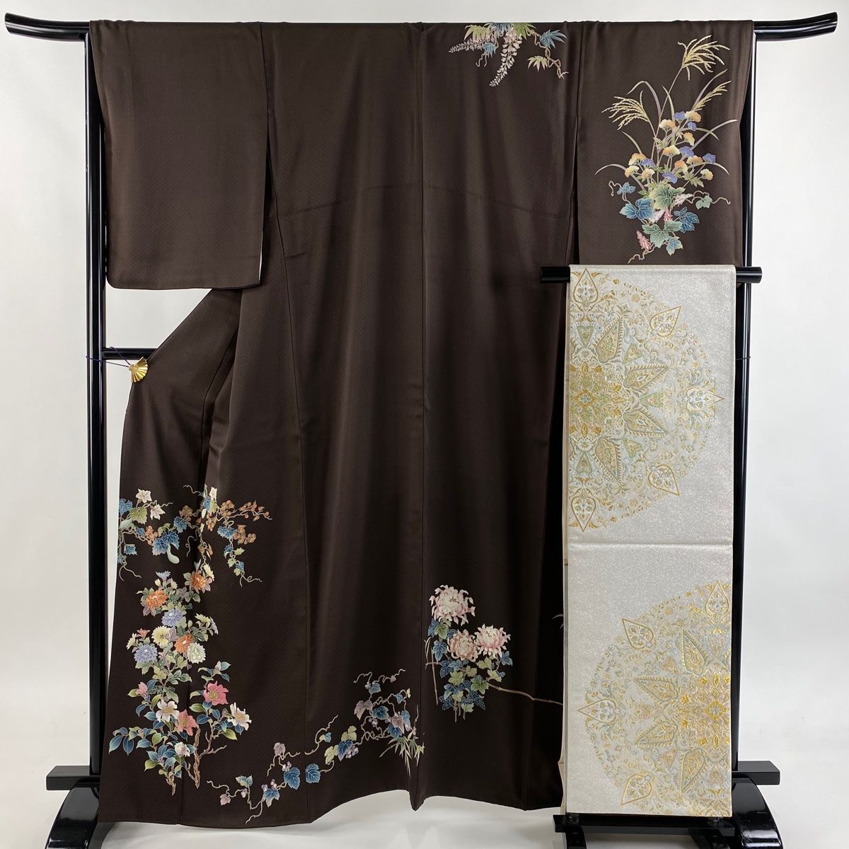 訪問着 身丈163cm 裄丈66.5cm M 袷 袋帯セット 草花 瓢箪 刺繍 焦茶色