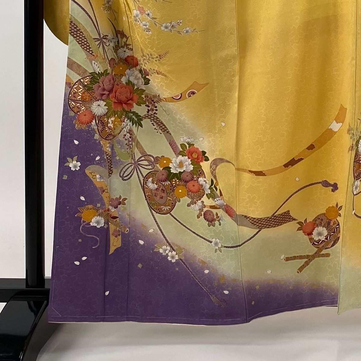 振袖 身丈161cm 裄丈65.5cm M 袷 袋帯フルセット 花車 笛 金彩 ぼかし