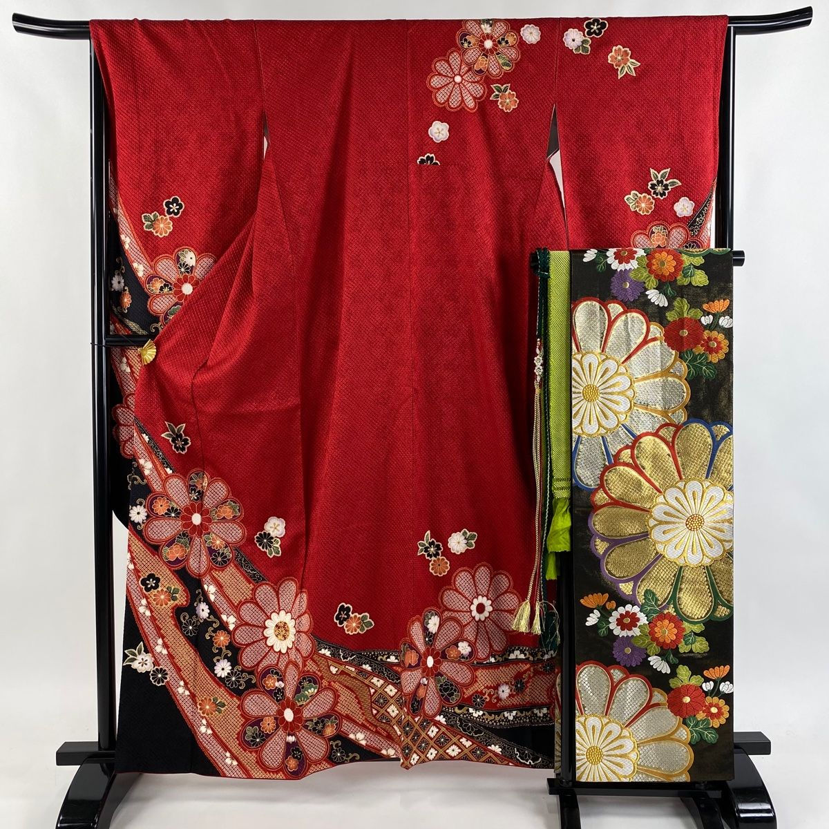 美品】 振袖 身丈160.5cm 裄丈66cm M 袷 袋帯フルセット 菊 菊唐草 総