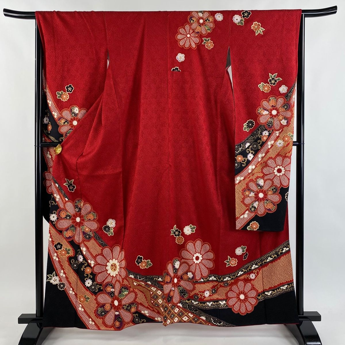 美品】 振袖 身丈160.5cm 裄丈66cm M 袷 袋帯フルセット 菊 菊唐草 総
