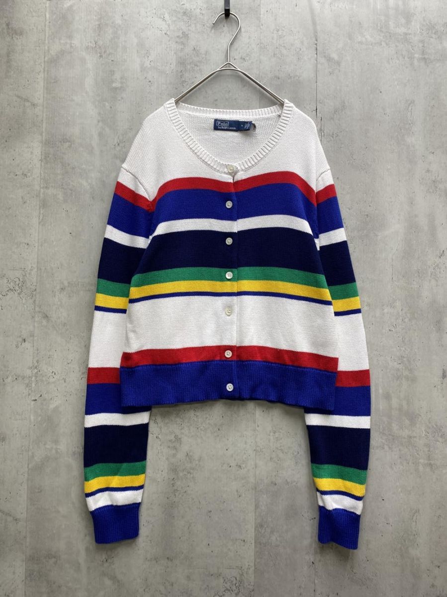 美品 ポロラルフローレン 現行 ストライプドコットンカーディガン マルチ M POLO RALPH LAUREN ポロラルフローレン ストライプドコットン