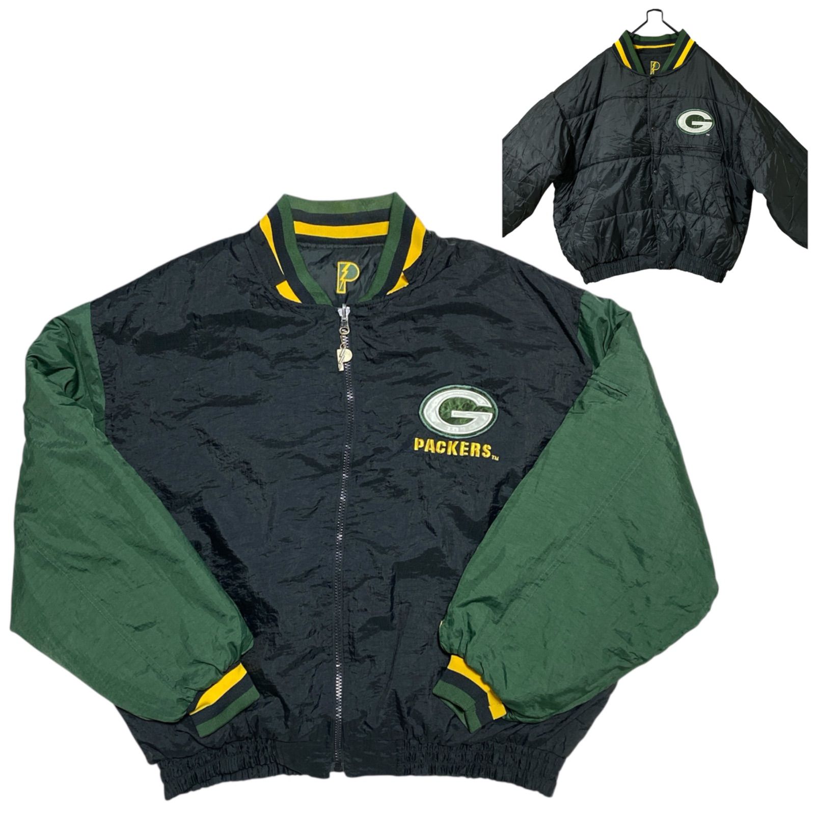 ヴィンテージ グリーンベイ･パッカーズ NFL ナイロンジャケット スタジャン リバーシブル ブロックデザイン P G スポーツ ウェア アウター 緑 黒 チームロゴ メンズ 古着 長袖