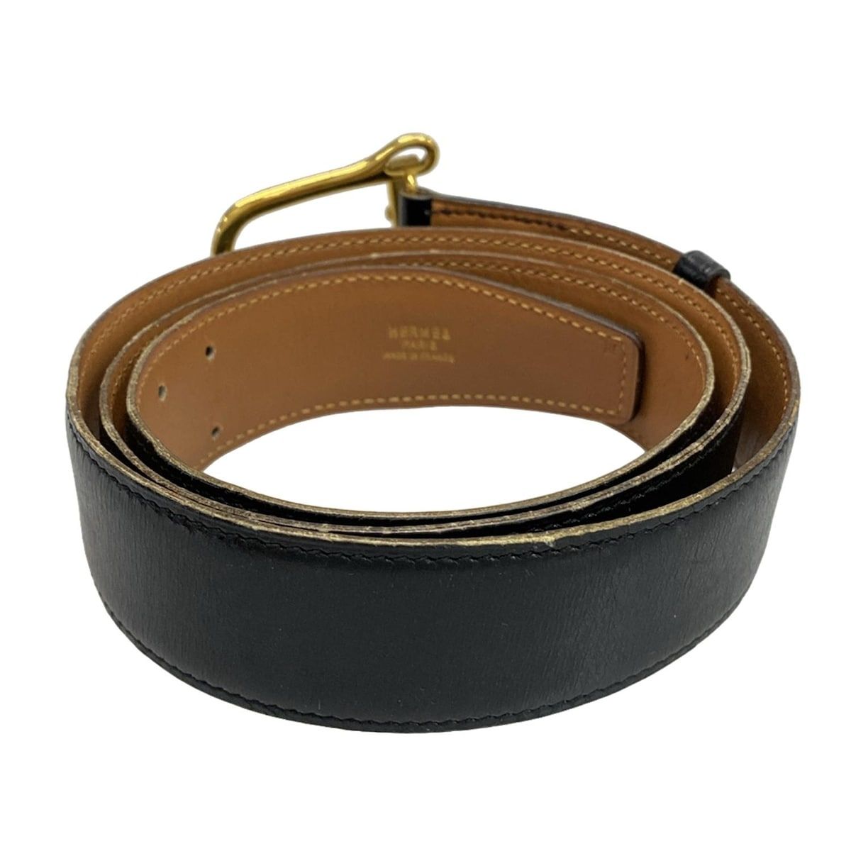 HERMES 黒レザーベルト 金具付き HERMES エルメス ベルト レディース ブランド ホースビット ボックス