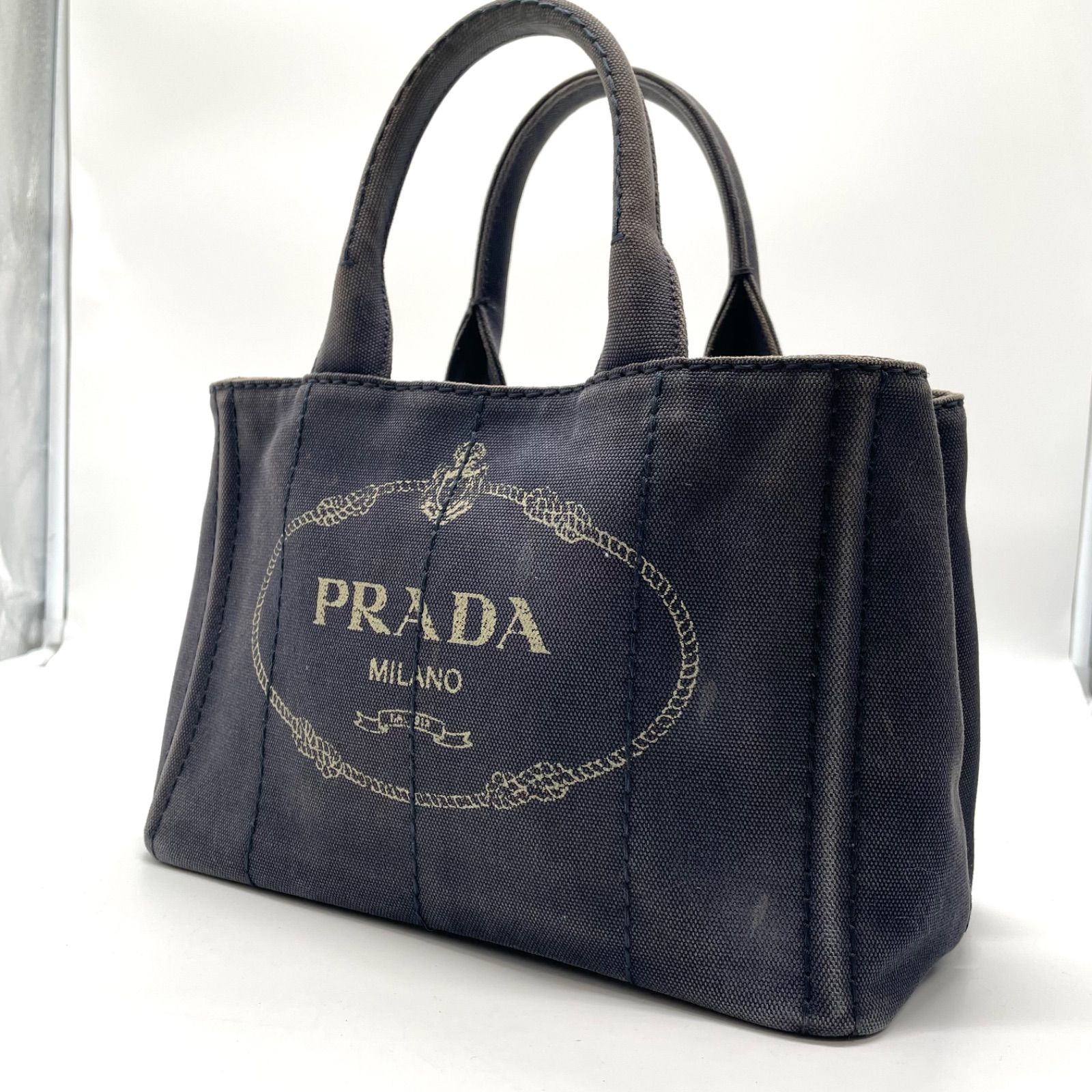 PRADA プラダ カナパ キャンバス サイド 三角ロゴ デニム ハンドバッグ