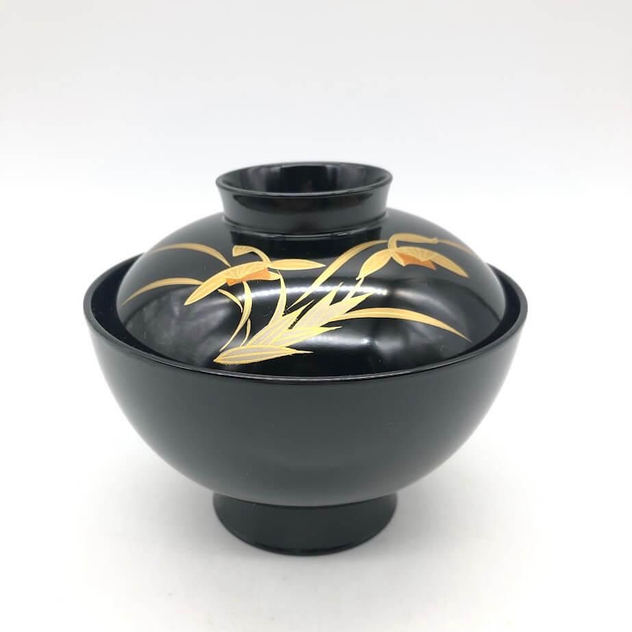 ss8112 【中古】 会津塗 吸物椀 5個セット 漆器 蓋付椀 黒 花 金彩