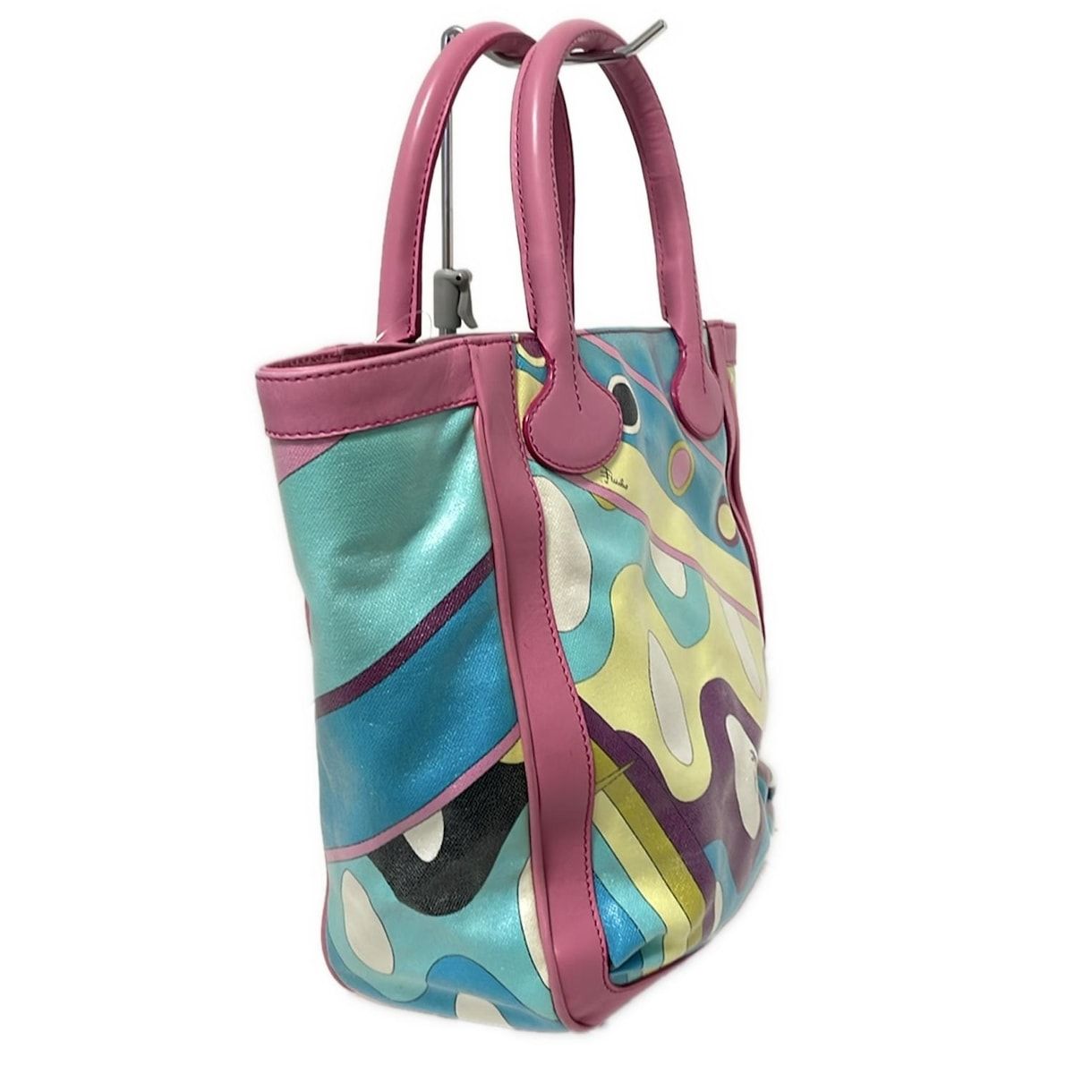 ✨美品✨EMILIO PUCCI 総柄 レザーバッグ　マルチカラー 未使用】エミリオプッチ トートバッグ総柄ブルーレザーポーチ袋