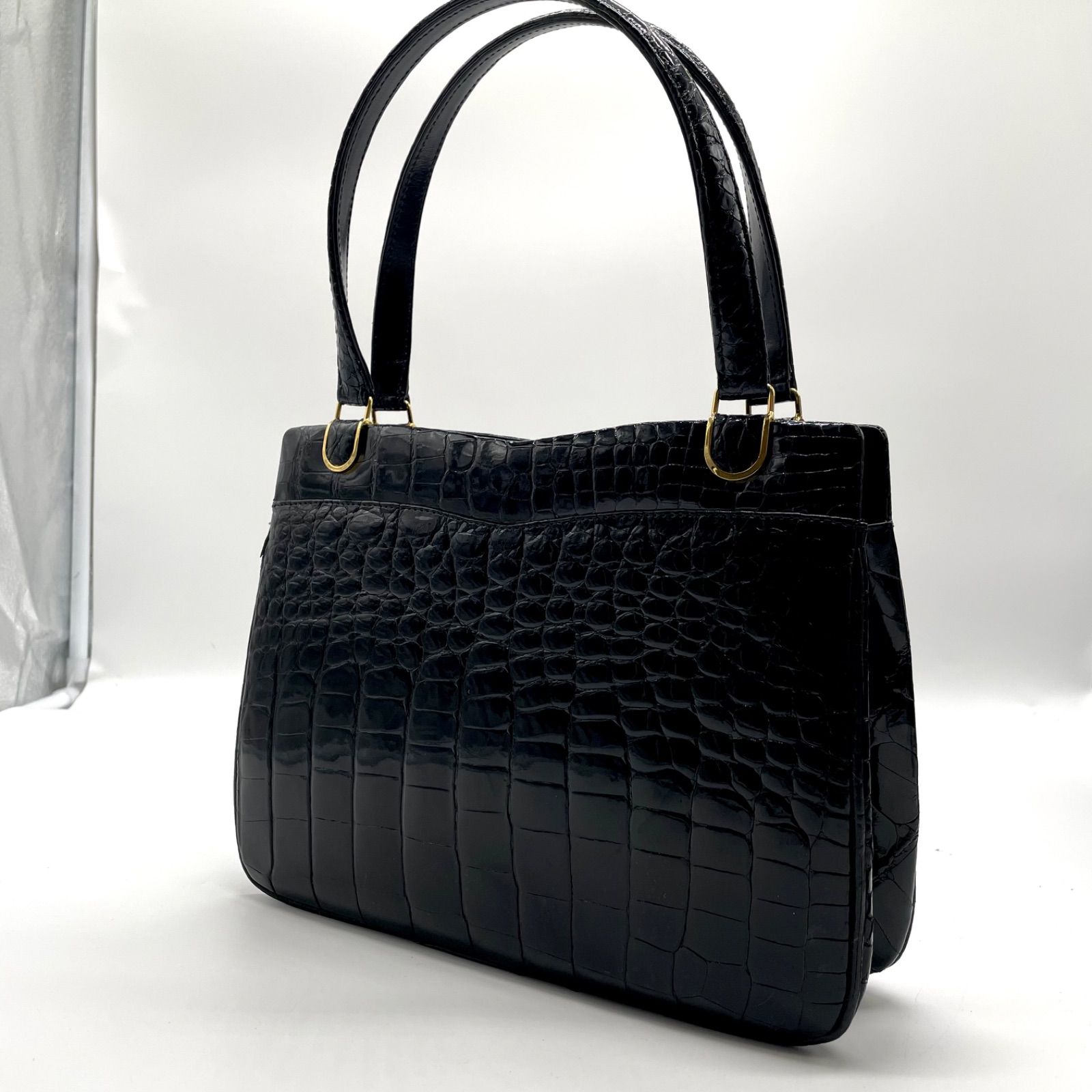 クロコダイル ワニ 革 ハンドバッグシャイニング加工 フォーマル