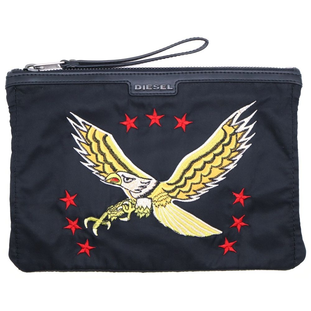 DIESEL (ディーゼル) イーグル刺繍 ナイロンクラッチバッグ ブラック