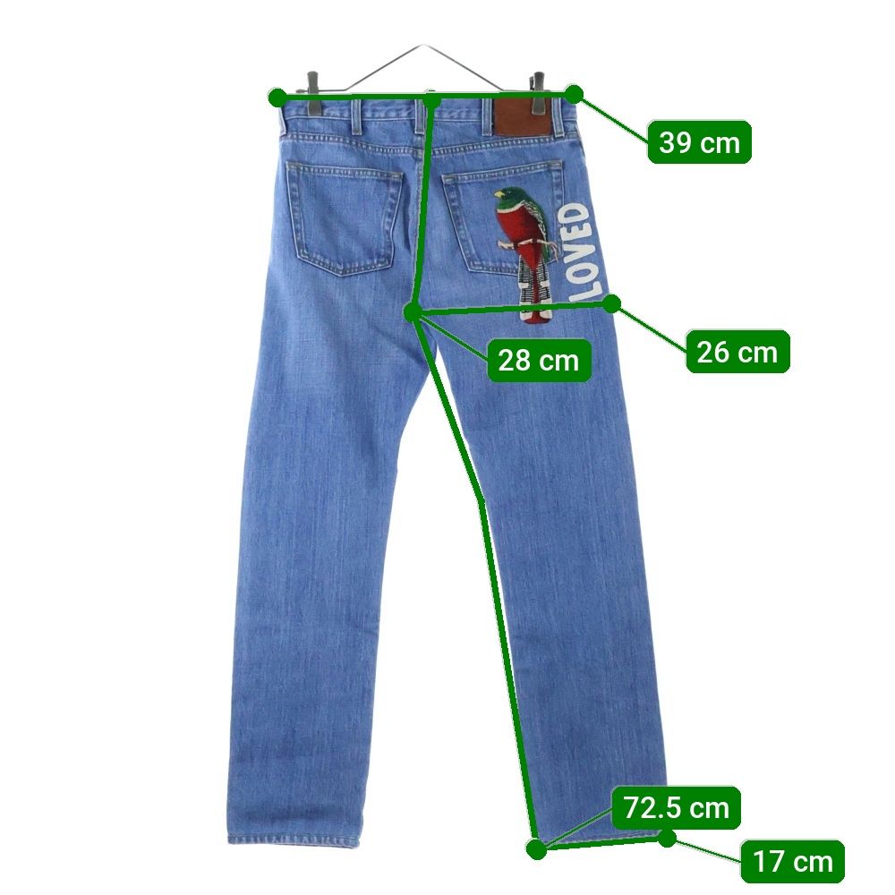 GUCCI デニムパンツ LOVED刺繍ライトブルー GUCCI (グッチ) LOVED 鳥刺繍 ロゴパッチ付デニムパンツ ブルー 430365