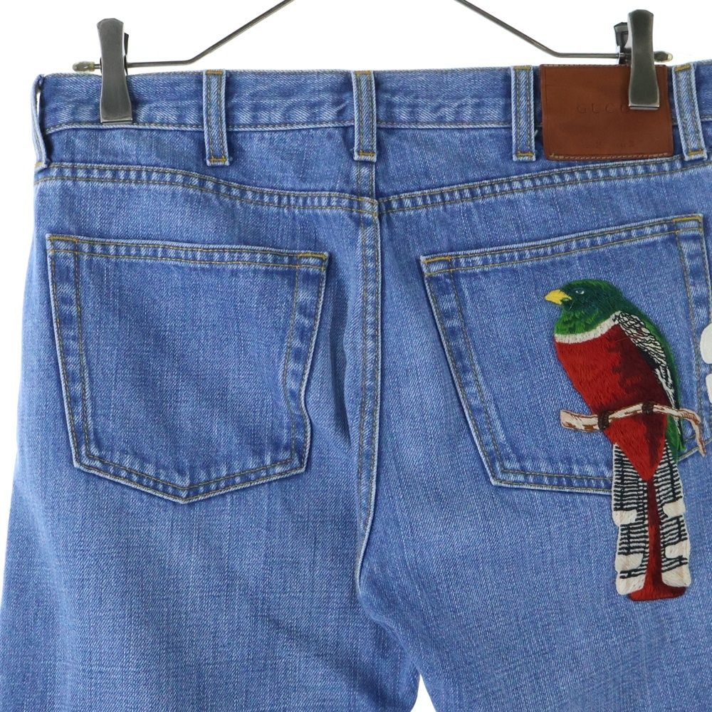 GUCCI デニムパンツ LOVED刺繍ライトブルー GUCCI (グッチ) LOVED 鳥刺繍 ロゴパッチ付デニムパンツ ブルー 430365