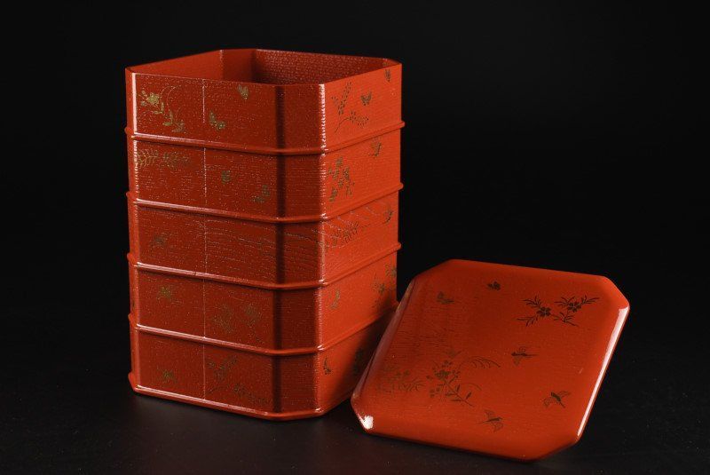 蔵A3877】木製柿合朱塗 花鳥蒔絵 縁高 五段重 - メルカリ