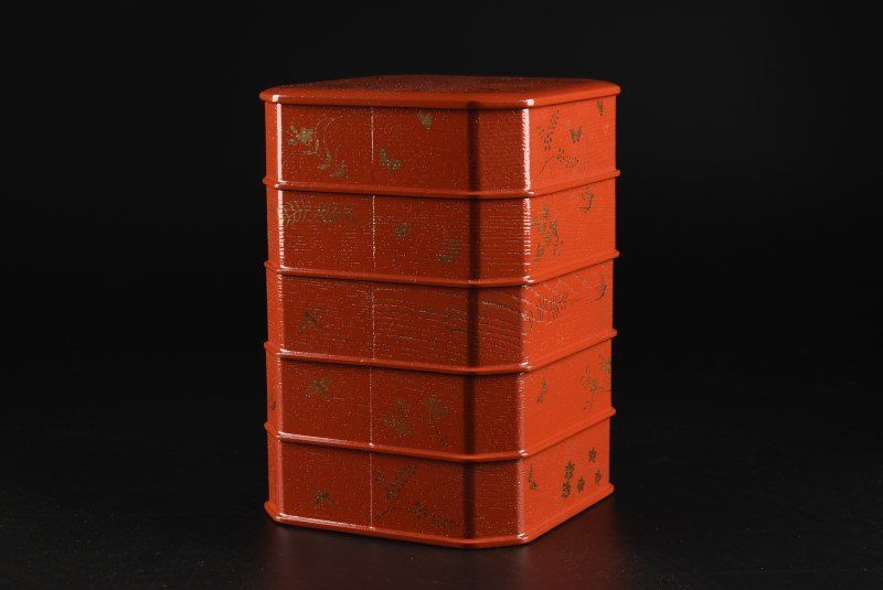 蔵A3877】木製柿合朱塗 花鳥蒔絵 縁高 五段重 - メルカリ