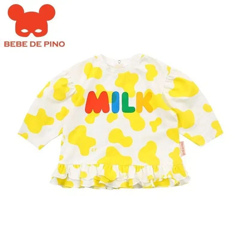 【安い，得価】 ベベデピノ 新品 春 新作 カウ プリント 女の子 フリル レース 長袖 Tシャツ その他