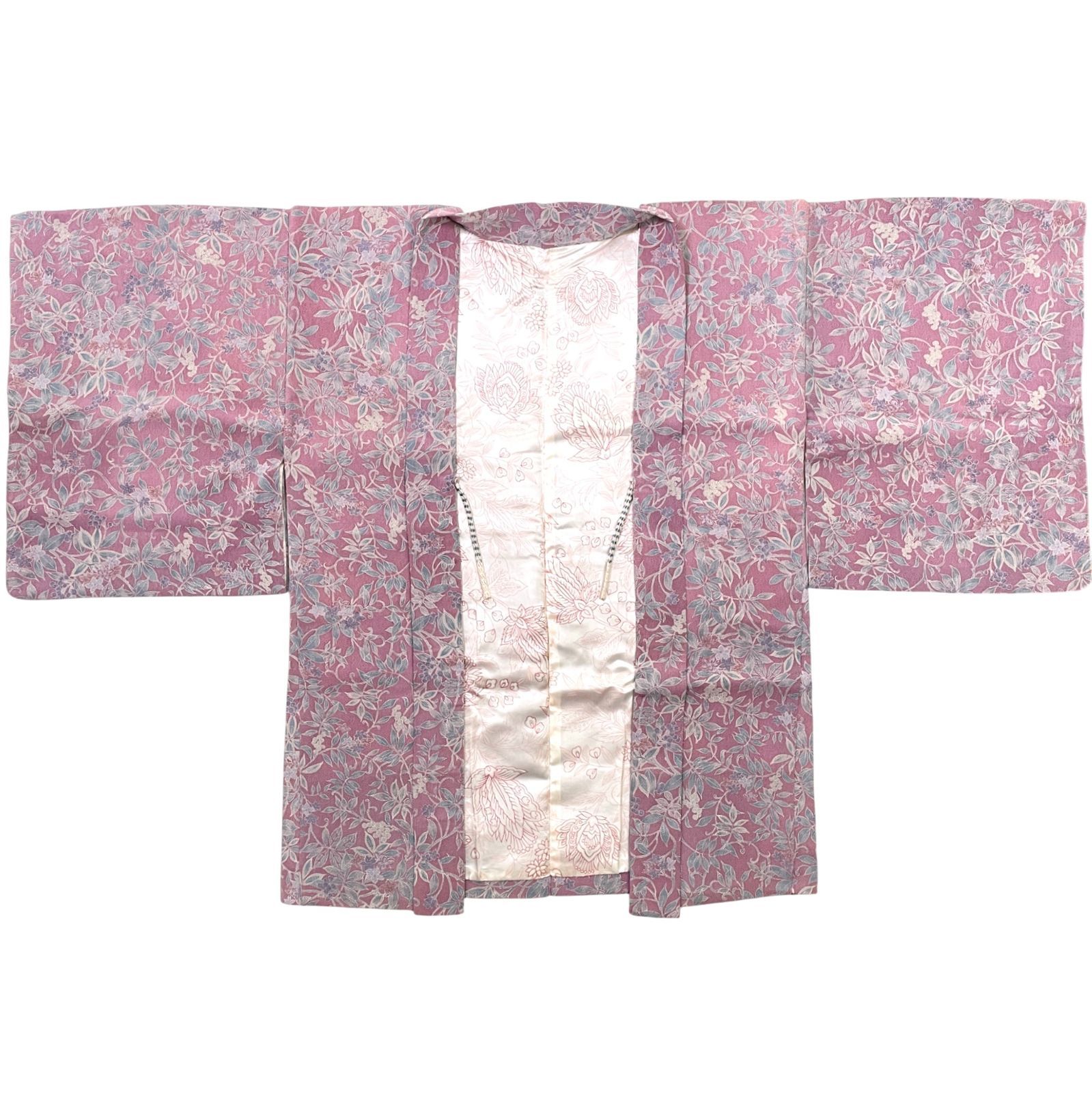 羽織 正絹 ちりめん地 草花柄 紅藤色 羽織紐付き 着物 kimonolove