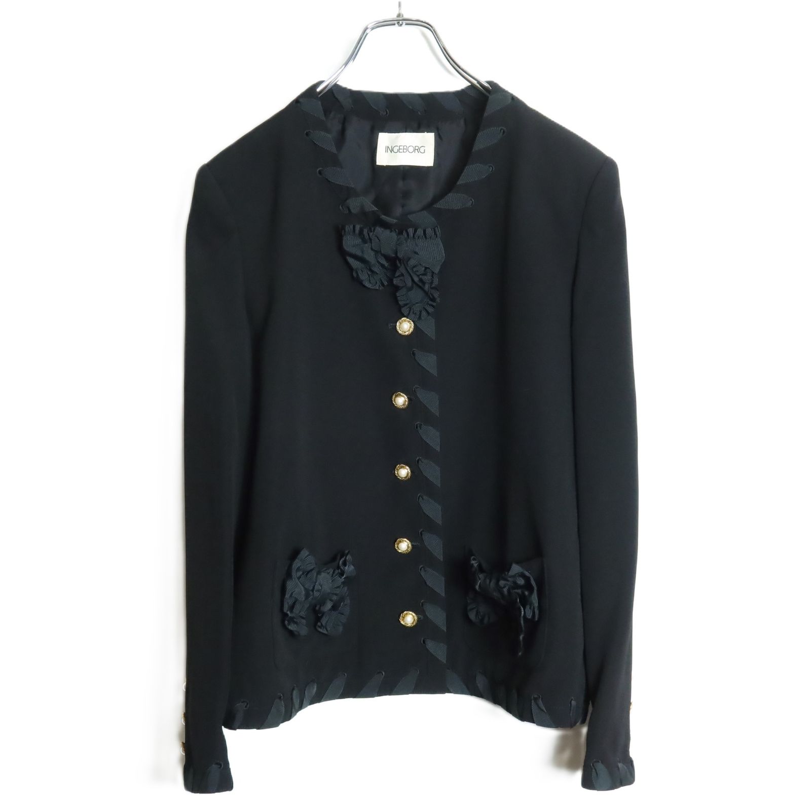 美品】インゲボルグ☆上下セット♪リボン付ジャケット&スカート 黒系