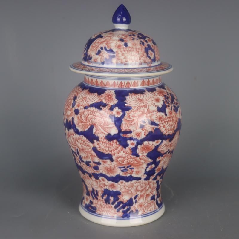 青釉裏紅万紋将軍壺 景徳鎮 陶磁器 装飾品 現代工芸品