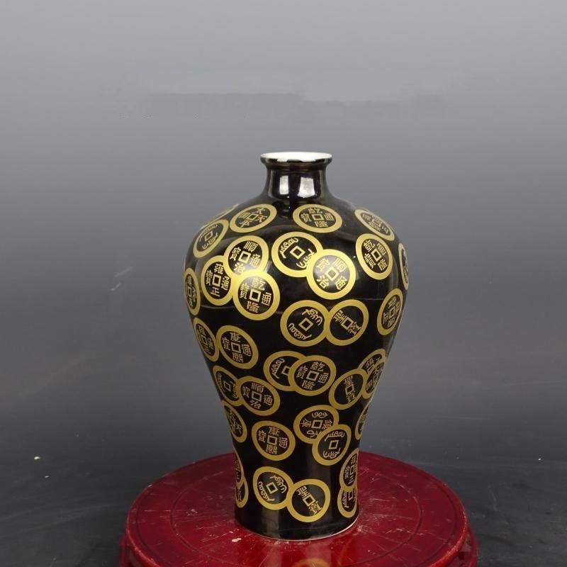 清咸豊烏金釉画金銅銭紋梅瓶 景徳鎮 陶磁器 装飾品 現代工芸品 美術品