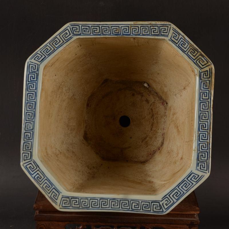 青花開窓庭楼四方高脚鉢 景徳鎮 陶磁器 装飾品 現代工芸品 美術品 置物