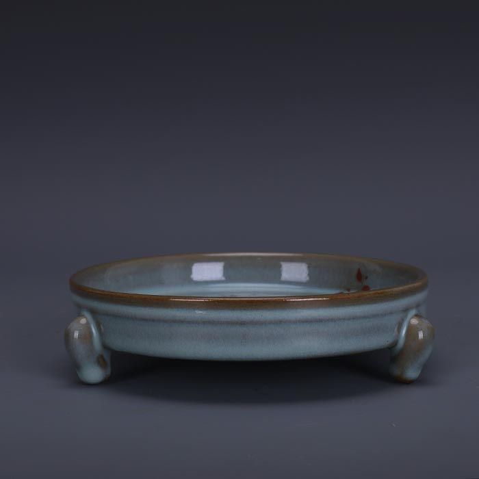宋代汝窯天青釉加彩花鳥文三足洗 景徳鎮 陶磁器 装飾品 現代工芸品