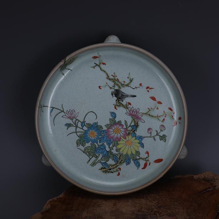 宋代汝窯天青釉加彩花鳥文三足洗 景徳鎮 陶磁器 装飾品 現代工芸品