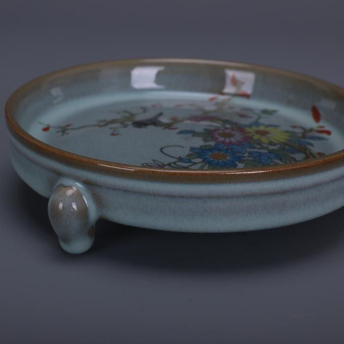 宋代汝窯天青釉加彩花鳥文三足洗 景徳鎮 陶磁器 装飾品 現代工芸品