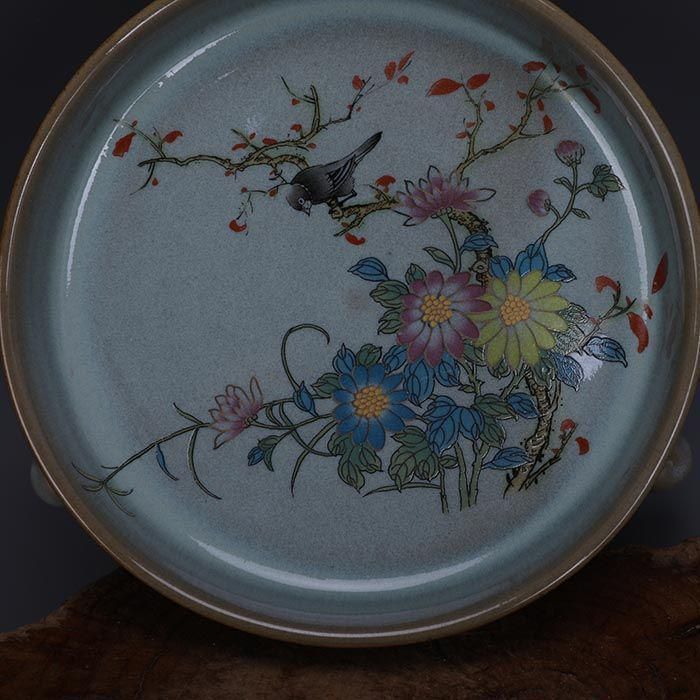 宋代汝窯天青釉加彩花鳥文三足洗 景徳鎮 陶磁器 装飾品 現代工芸品