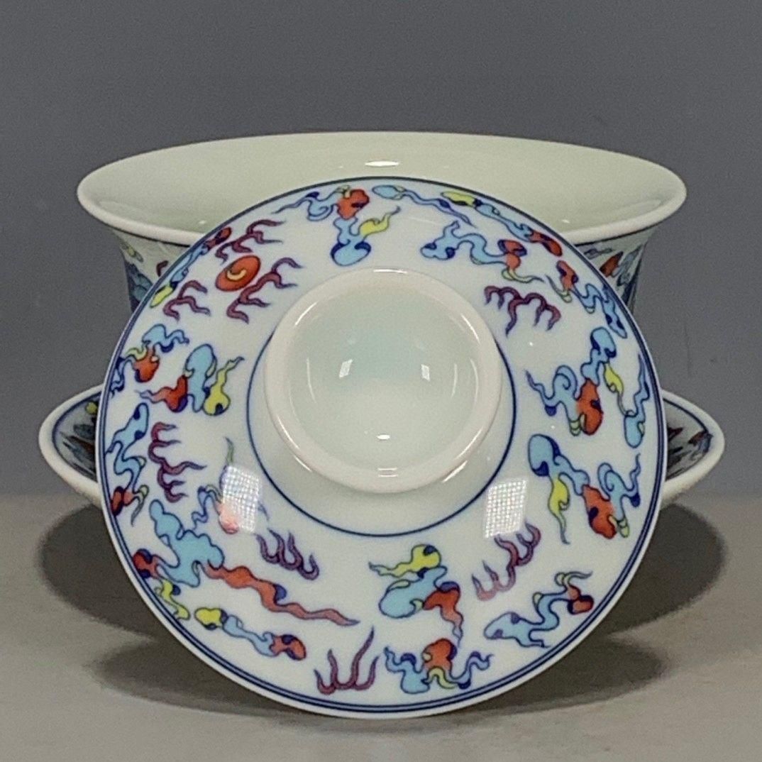 大明成化斗彩釉下彩三才蓋碗大湯飲 景徳鎮 陶磁器 現代工芸品 美術品 置物 大明成化斗彩釉下彩三才蓋碗大湯飲 景徳鎮 陶磁器 現代工芸品 美術品