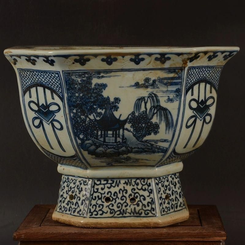 青花開窓庭楼四方高脚鉢 景徳鎮 陶磁器 装飾品 現代工芸品 美術品 置物